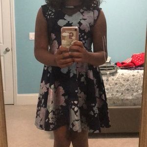 Flower Design Dark Blue Zip-Up Dress